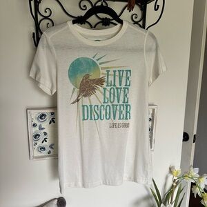 Life Is Good White Tee Blue Brown Bird Sun Graphic